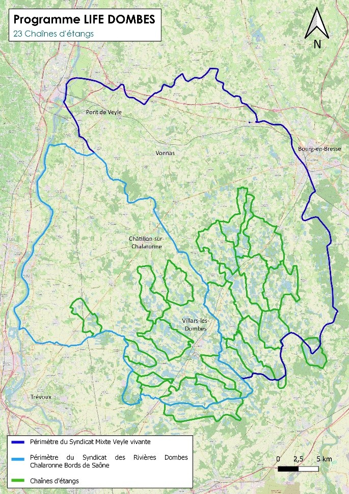 Carte de localisation des chaînes d’étangs étudiées sur les périmètres du syndicat Mixte Veyle Vivante & Syndicat des Rivières Dombes Chalaronne Bords de Saône